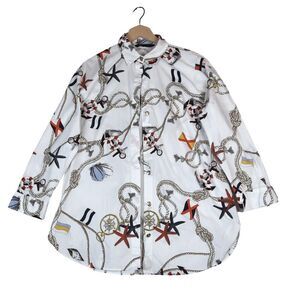 ZARA Rope Print Nautical Shirt Dress Button-Up Top Size S  *Missing 1 Button*